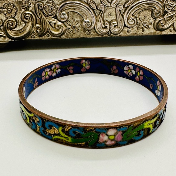 Vintage Champleve Enamel Floral Bangle Bracelet - Picture 13 of 15